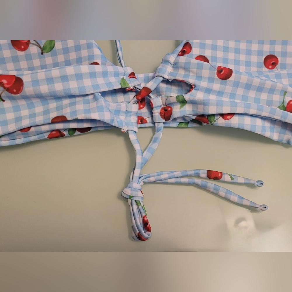 Cherry Print Blue Gingham Bikini Set SIZE SMALL - Picture 9 of 14